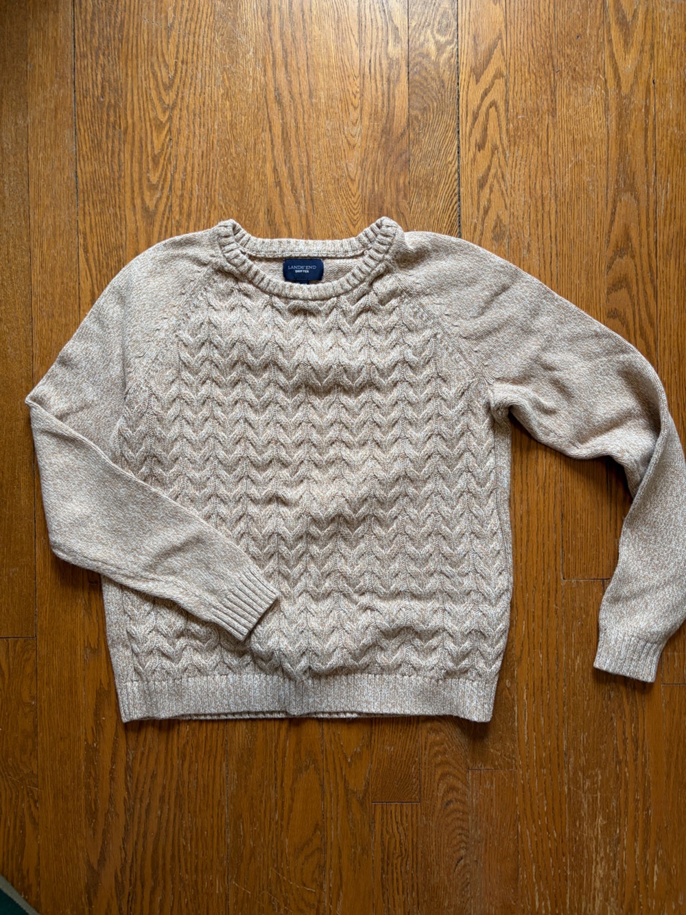 Lands' End Drifter Cable Knit Sweater XL Tall Oatmeal 100% Cotton